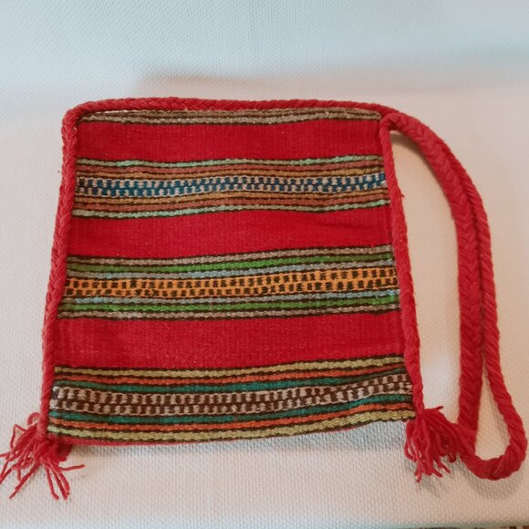 Boho Red Geometric Handwoven Wool Shoulder Bag, 12" x 12" - Picture 2 of 4